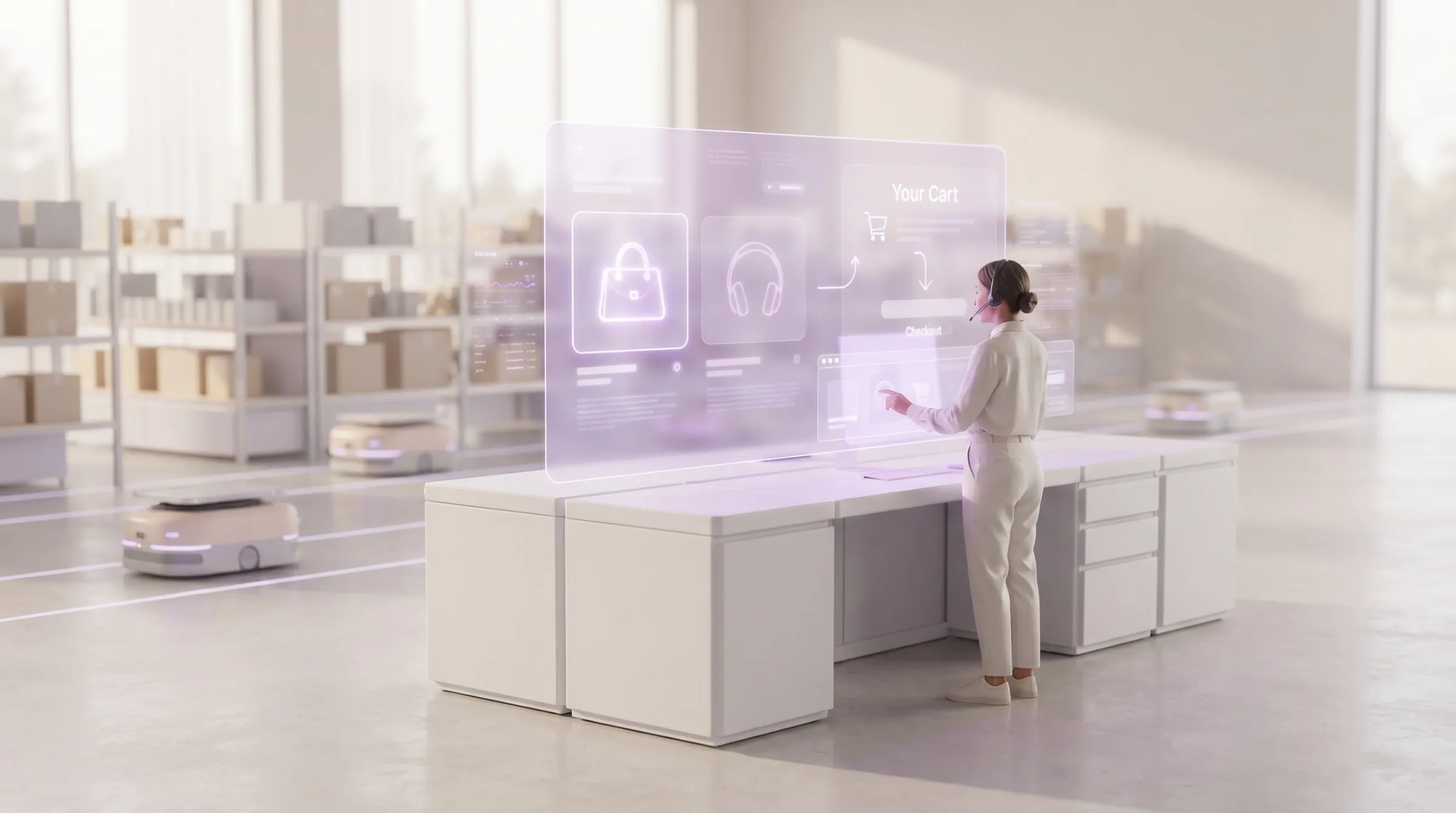 Operatrice gestisce prodotti e carrello di un e-commerce su uno schermo olografico, con il magazzino automatizzato sullo sfondo