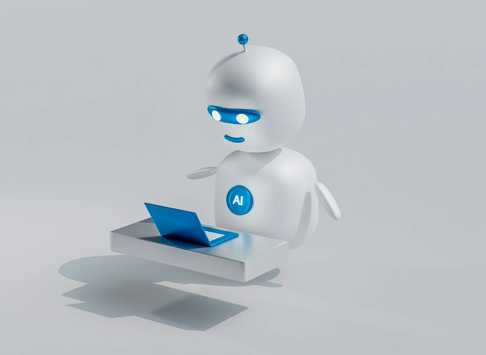 Piccolo robot bianco che lavora al computer portatile: l'intelligenza artificiale nelle attività aziendali