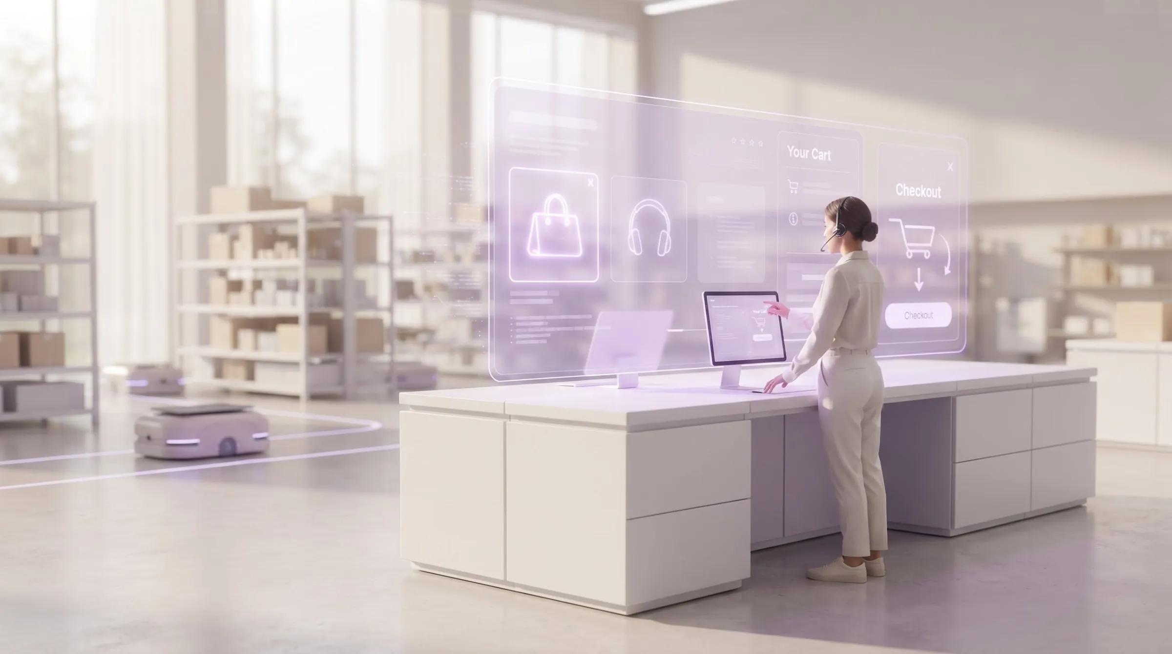 Operatrice gestisce il checkout di un negozio online su uno schermo olografico in un magazzino