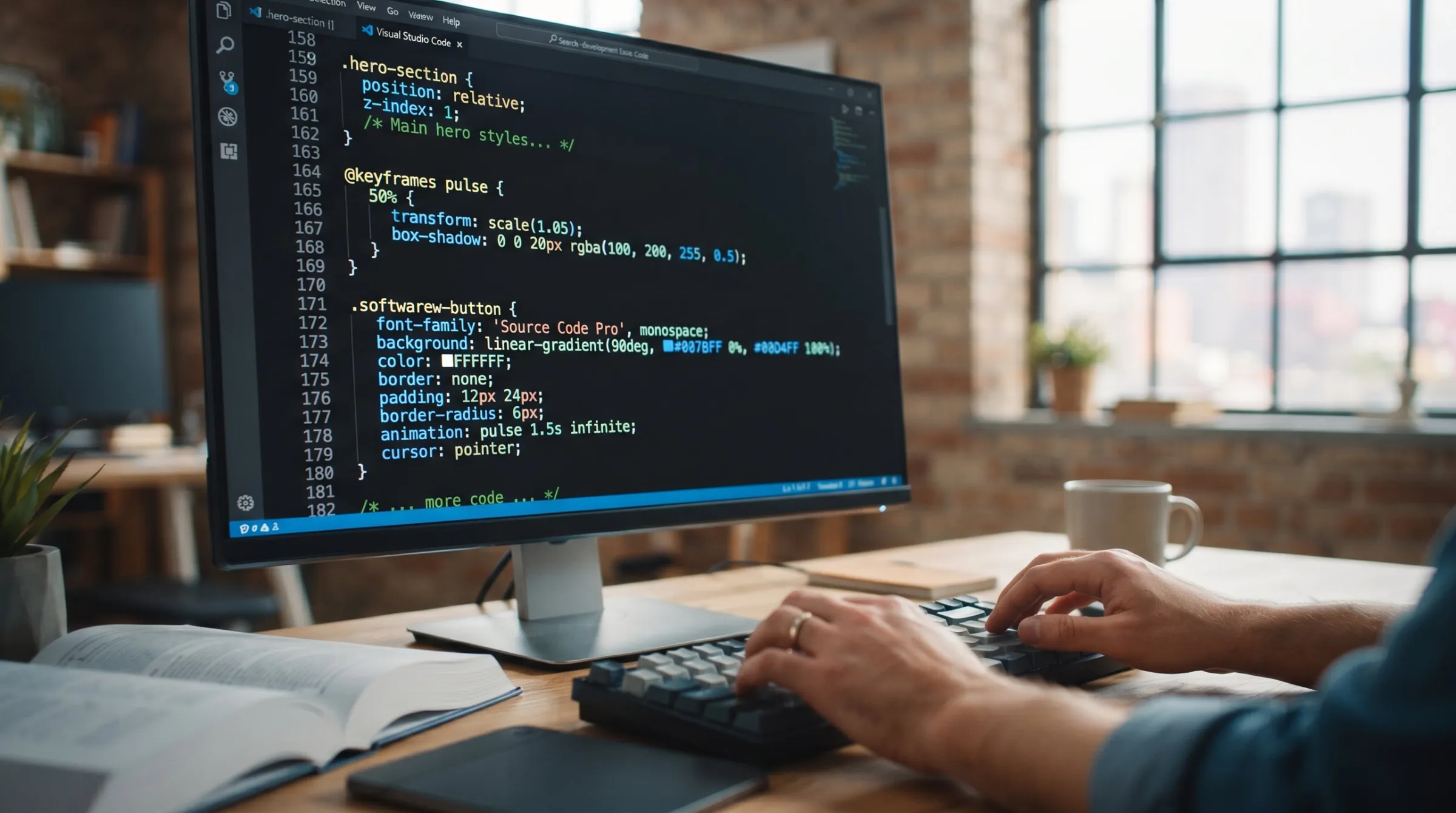 Sviluppatore scrive codice CSS per un sito su un monitor